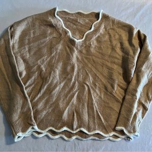 L Tan Beige Knit Sweater cropped knitted high neck Neutral Wavy Hem Winter Fall.